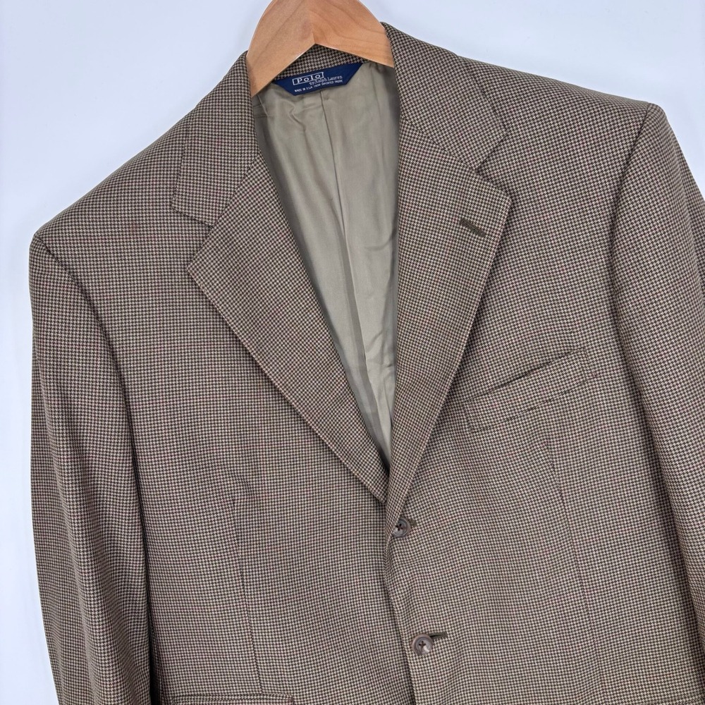 Vtg 90s Polo Ralph Lauren Houndstooth Sport Coat Men 42L Blazer Brown Preppy